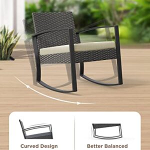 Aiho 3 Pieces Patio Furniture Set, Outdoor Wicker Bistro Rocking Chair Sets with Cushion, Porch Furniture Set with Glass Table, Modern Rattan Conversation Sets for Porches and Balcony, Beige Cushion