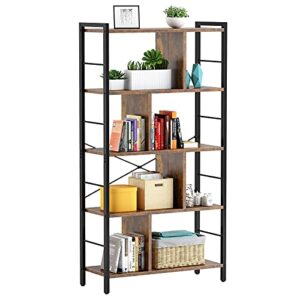 armocity Bookshelf, 5 Tier Tall Industrial Bookcase Wood Metal Frame Standing Book Shelf, Display Bookshelves Storage Organizer for Bedroom Living Room Home Office, Rustic Brown