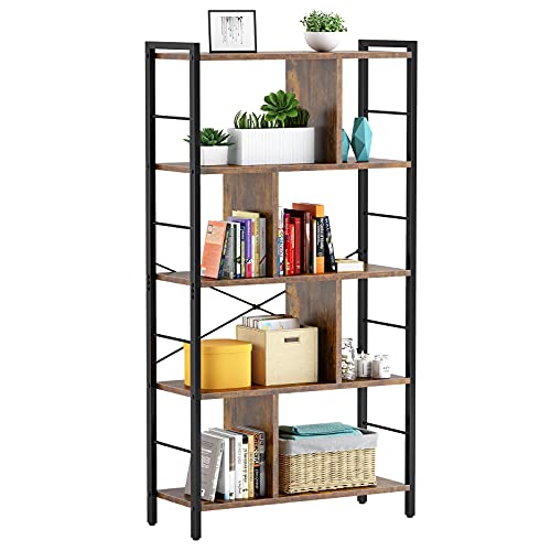 armocity Bookshelf, 5 Tier Tall Industrial Bookcase Wood Metal Frame Standing Book Shelf, Display Bookshelves Storage Organizer for Bedroom Living Room Home Office, Rustic Brown