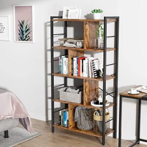 armocity Bookshelf, 5 Tier Tall Industrial Bookcase Wood Metal Frame Standing Book Shelf, Display Bookshelves Storage Organizer for Bedroom Living Room Home Office, Rustic Brown