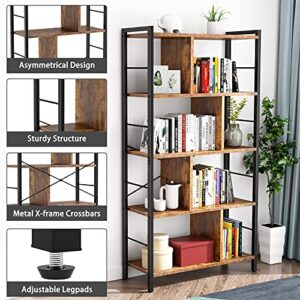 armocity Bookshelf, 5 Tier Tall Industrial Bookcase Wood Metal Frame Standing Book Shelf, Display Bookshelves Storage Organizer for Bedroom Living Room Home Office, Rustic Brown