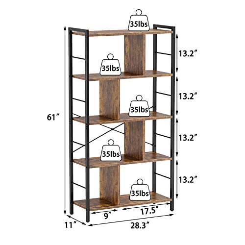 armocity Bookshelf, 5 Tier Tall Industrial Bookcase Wood Metal Frame Standing Book Shelf, Display Bookshelves Storage Organizer for Bedroom Living Room Home Office, Rustic Brown