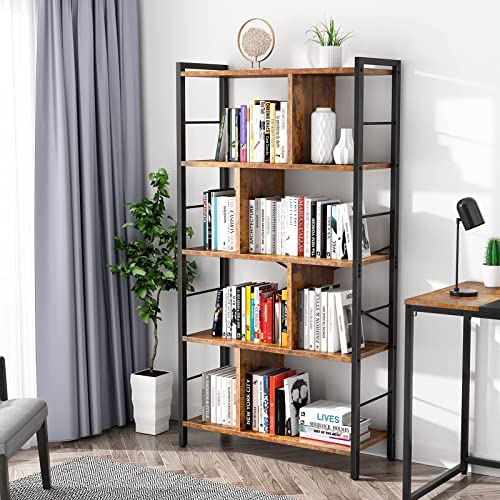 armocity Bookshelf, 5 Tier Tall Industrial Bookcase Wood Metal Frame Standing Book Shelf, Display Bookshelves Storage Organizer for Bedroom Living Room Home Office, Rustic Brown