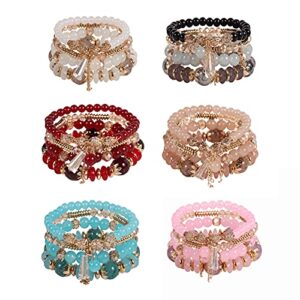 solosoya bohemian stackable bracelets set for women multipack multilayer girls elastic rope boho colorful stack beads bright beaded bracelets with clear vertebral pendant handmade ladies stretch jewelry accessories 6 pack