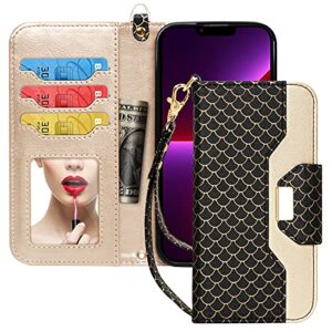 Toplive Wallet Case for iPhone 13 Pro Max,[Makeup Mirror][RFID Blocking] PU Leather Wallet Case with Card Holder Kickstand Wrist Strap Flip Cover for iPhone 13 Pro Max 6.7 Inch 2021