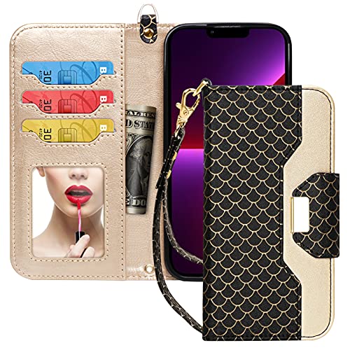 Toplive Wallet Case for iPhone 13 Pro Max,[Makeup Mirror][RFID Blocking] PU Leather Wallet Case with Card Holder Kickstand Wrist Strap Flip Cover for iPhone 13 Pro Max 6.7 Inch 2021