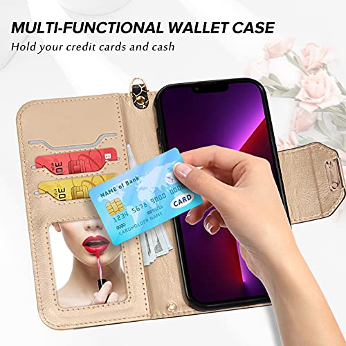 Toplive Wallet Case for iPhone 13 Pro Max,[Makeup Mirror][RFID Blocking] PU Leather Wallet Case with Card Holder Kickstand Wrist Strap Flip Cover for iPhone 13 Pro Max 6.7 Inch 2021