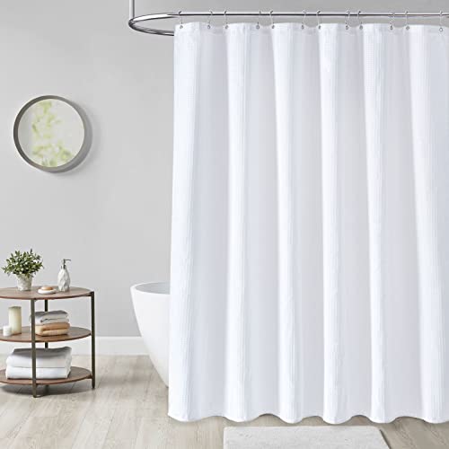 Dynamene White Fabric Shower Curtain， Waffle Weave Heavy Duty Hotel Luxury Cloth Shower Curtains for Bathroom, 72 Inch 256GSM Weighted Bath Curtain Set with 12 Plastic Hooks,72x72