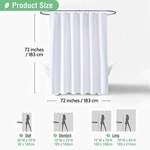 Dynamene White Fabric Shower Curtain， Waffle Weave Heavy Duty Hotel Luxury Cloth Shower Curtains for Bathroom, 72 Inch 256GSM Weighted Bath Curtain Set with 12 Plastic Hooks,72x72