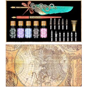 aiync feather calligraphy pen ink set, quill pen and ink set including mechanical feather pen and wooden dip pen, 5 colors of ink, 12 replacement nibs, pen holder, envelope and letter paper (green)