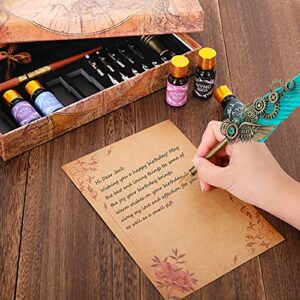 AIYNC Feather Calligraphy Pen Ink Set, Quill Pen and Ink Set Including Mechanical Feather Pen and Wooden Dip Pen, 5 Colors of Ink, 12 Replacement Nibs, Pen Holder, Envelope and Letter Paper (Green)