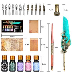 AIYNC Feather Calligraphy Pen Ink Set, Quill Pen and Ink Set Including Mechanical Feather Pen and Wooden Dip Pen, 5 Colors of Ink, 12 Replacement Nibs, Pen Holder, Envelope and Letter Paper (Green)