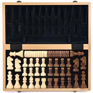 amerous 15 inches wooden chess & checkers set with upgraded weighted chess pieces - 2 extra queen -24 cherkers pieces -instruction -chessmen storage slots, classic 2 in 1 board games