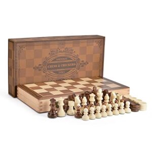 AMEROUS 15 Inches Wooden Chess & Checkers Set with Upgraded Weighted Chess Pieces - 2 Extra Queen -24 Cherkers Pieces -Instruction -Chessmen Storage Slots, Classic 2 in 1 Board Games