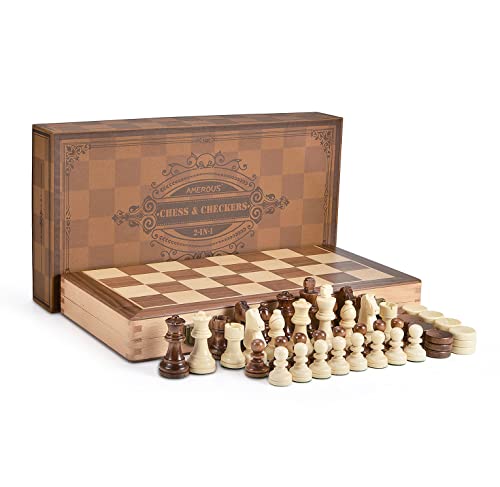 AMEROUS 15 Inches Wooden Chess & Checkers Set with Upgraded Weighted Chess Pieces - 2 Extra Queen -24 Cherkers Pieces -Instruction -Chessmen Storage Slots, Classic 2 in 1 Board Games