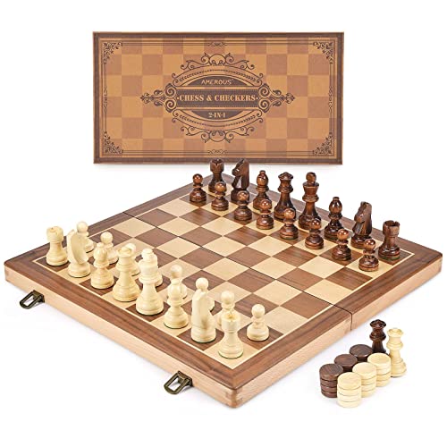 AMEROUS 15 Inches Wooden Chess & Checkers Set with Upgraded Weighted Chess Pieces - 2 Extra Queen -24 Cherkers Pieces -Instruction -Chessmen Storage Slots, Classic 2 in 1 Board Games