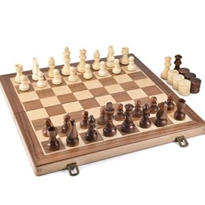 AMEROUS 15 Inches Wooden Chess & Checkers Set with Upgraded Weighted Chess Pieces - 2 Extra Queen -24 Cherkers Pieces -Instruction -Chessmen Storage Slots, Classic 2 in 1 Board Games