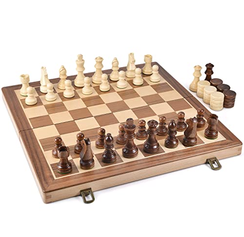 AMEROUS 15 Inches Wooden Chess & Checkers Set with Upgraded Weighted Chess Pieces - 2 Extra Queen -24 Cherkers Pieces -Instruction -Chessmen Storage Slots, Classic 2 in 1 Board Games