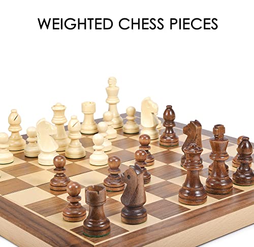 AMEROUS 15 Inches Wooden Chess & Checkers Set with Upgraded Weighted Chess Pieces - 2 Extra Queen -24 Cherkers Pieces -Instruction -Chessmen Storage Slots, Classic 2 in 1 Board Games