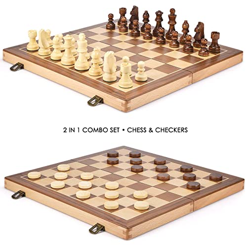 AMEROUS 15 Inches Wooden Chess & Checkers Set with Upgraded Weighted Chess Pieces - 2 Extra Queen -24 Cherkers Pieces -Instruction -Chessmen Storage Slots, Classic 2 in 1 Board Games