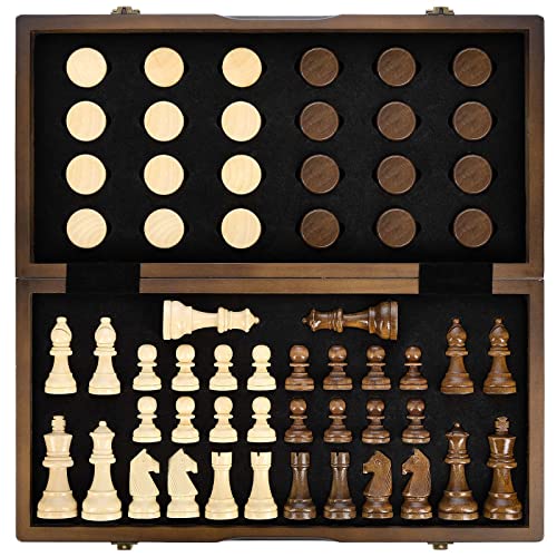 AMEROUS Magnetic Wooden Chess and Checkers Game Set, 15 Inches (2 in 1) Chess Board Games, 2 Extra Queens - Gift Package - Game Pieces Storage Slots, Beginner Chess Set for Kids, Adults