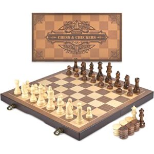 AMEROUS Magnetic Wooden Chess and Checkers Game Set, 15 Inches (2 in 1) Chess Board Games, 2 Extra Queens - Gift Package - Game Pieces Storage Slots, Beginner Chess Set for Kids, Adults