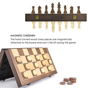 AMEROUS Magnetic Wooden Chess and Checkers Game Set, 15 Inches (2 in 1) Chess Board Games, 2 Extra Queens - Gift Package - Game Pieces Storage Slots, Beginner Chess Set for Kids, Adults