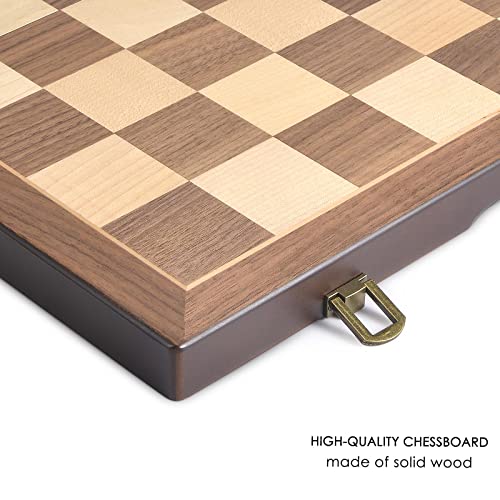 AMEROUS Magnetic Wooden Chess and Checkers Game Set, 15 Inches (2 in 1) Chess Board Games, 2 Extra Queens - Gift Package - Game Pieces Storage Slots, Beginner Chess Set for Kids, Adults