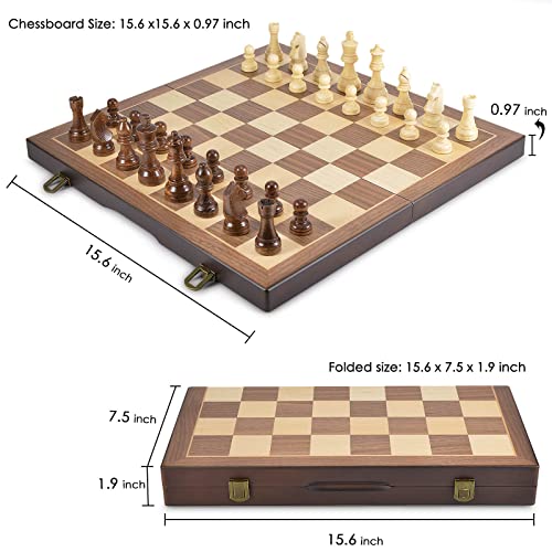 AMEROUS Magnetic Wooden Chess and Checkers Game Set, 15 Inches (2 in 1) Chess Board Games, 2 Extra Queens - Gift Package - Game Pieces Storage Slots, Beginner Chess Set for Kids, Adults