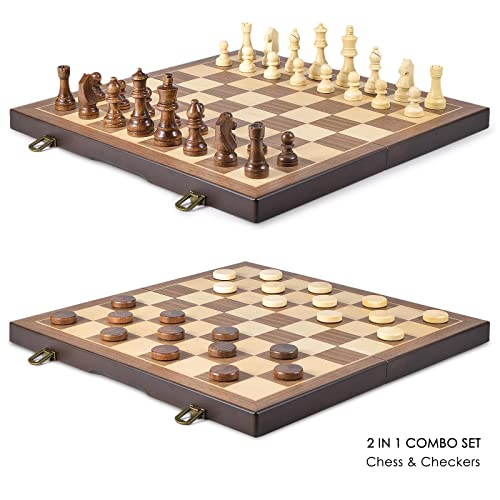 AMEROUS Magnetic Wooden Chess and Checkers Game Set, 15 Inches (2 in 1) Chess Board Games, 2 Extra Queens - Gift Package - Game Pieces Storage Slots, Beginner Chess Set for Kids, Adults