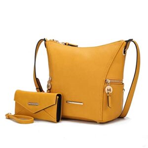 mkf crossbody hobo bag for women & wristlet wallet purse set ­– pu leather top handle pocketbook shoulder handbag mustard