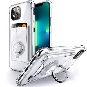 shields up iphone 13 pro max wallet case with card holder & ring kickstand, slim drop protection, 6.7" - clear