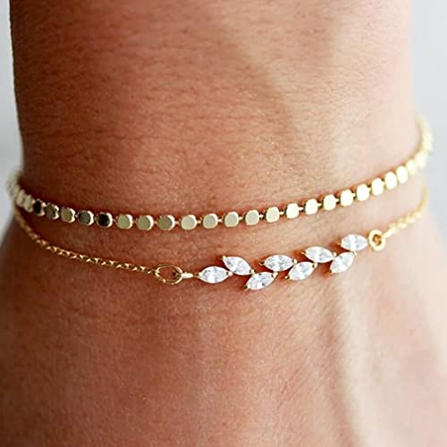 MIDEEO Dainty Crystal Bracelet Set Minimalist Layering CZ Diamond Leave Delicate Dot Gold Wedding