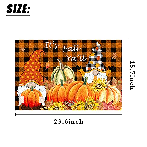 delaimastor Fall Gnome Pumpkins Decorative Doormat, Fall Thanksgiving Rustic Yard Low-Profile Floor Mat for Indoor Outdoor Gnome Plaid Maple Leaves Farmhouse Seasonal Decorative Doormat