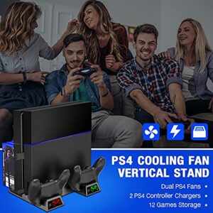 Kawaye PS4 Stand Cooling Fan for PS4 Slim/ PS4 Pro/Regular PlayStation4, PS4 Vertical Stand Controller Charger Station for Dual Charging, PS4 Accessories with Game Storage for Playstation Consoles