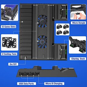 Kawaye PS4 Stand Cooling Fan for PS4 Slim/ PS4 Pro/Regular PlayStation4, PS4 Vertical Stand Controller Charger Station for Dual Charging, PS4 Accessories with Game Storage for Playstation Consoles