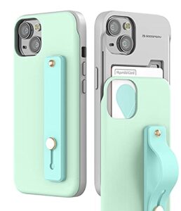 goospery slidetok case compatible with iphone 13, card holder phone finger grip band loop stretch holder kickstand 2 card storage dual layer protective bumper wallet cover (mint)