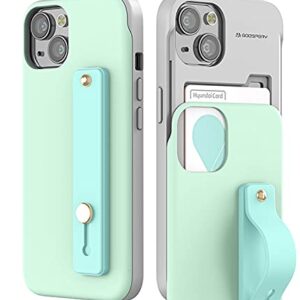 GOOSPERY SlideTok Case Compatible with iPhone 13, Card Holder Phone Finger Grip Band Loop Stretch Holder Kickstand 2 Card Storage Dual Layer Protective Bumper Wallet Cover (Mint)