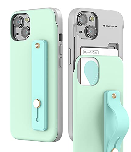 GOOSPERY SlideTok Case Compatible with iPhone 13, Card Holder Phone Finger Grip Band Loop Stretch Holder Kickstand 2 Card Storage Dual Layer Protective Bumper Wallet Cover (Mint)