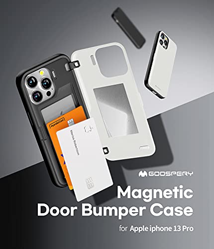 GOOSPERY Magnetic Door Bumper Compatible with iPhone 13 Pro Case, Card Holder Wallet Case, Easy Magnet Auto Closing Protective Dual Layer Sturdy Phone Back Cover - White