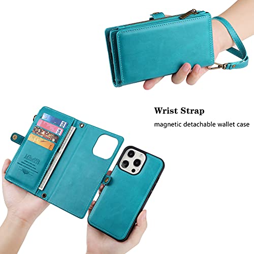 MInCYB Wallet Case Compatible with iPhone 13 Pro, Zipper Case with RFID Blocking Card Holder Slot, Magnetic Detachable Zipper Purse with Wristlet Strap, Leather Cover for iPhone 13 Pro.（Retro Blue）