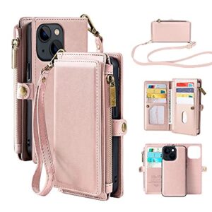mincyb wallet case compatible with iphone 13, zipper case with rfid blocking card holder slots, magnetic detachable leather flip folio cover. crossbody phone case of iphone 13. pink