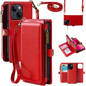 mincyb wallet case compatible with iphone 13 pro max, zipper case with rfid blocking card holder slot, magnetic detachable zipper purse with wristlet strap, leather cover for iphone 13 pro max. red