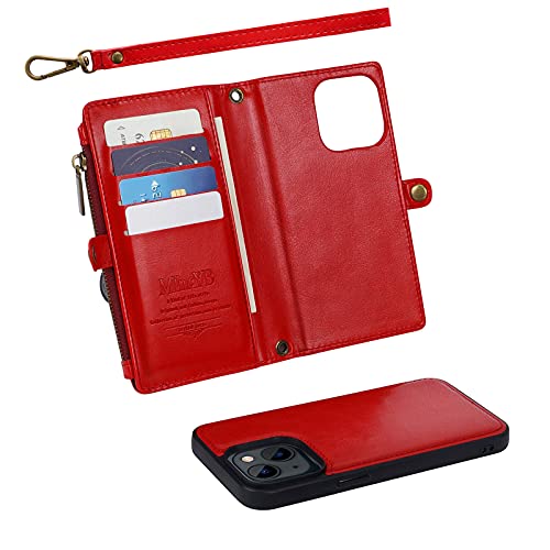 MInCYB Wallet Case Compatible with iPhone 13 Pro Max, Zipper Case with RFID Blocking Card Holder Slot, Magnetic Detachable Zipper Purse with Wristlet Strap, Leather Cover for iPhone 13 Pro Max. Red