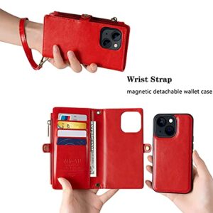 MInCYB Wallet Case Compatible with iPhone 13 Pro Max, Zipper Case with RFID Blocking Card Holder Slot, Magnetic Detachable Zipper Purse with Wristlet Strap, Leather Cover for iPhone 13 Pro Max. Red