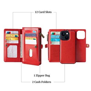 MInCYB Wallet Case Compatible with iPhone 13 Pro Max, Zipper Case with RFID Blocking Card Holder Slot, Magnetic Detachable Zipper Purse with Wristlet Strap, Leather Cover for iPhone 13 Pro Max. Red