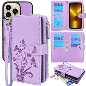 lacass compatible with iphone 13 pro 6.1 inch 2021 case [card slots] id credit cash holder zipper pocket detachable magnet leather wallet cover wrist strap lanyard (floral light purple)