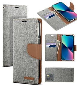 goospery canvas wallet designed for apple iphone 13 wallet case, stylish denim fabric design [3 card slots & 1 side cash pocket] [standing feature] card holder flip phone cover - gray