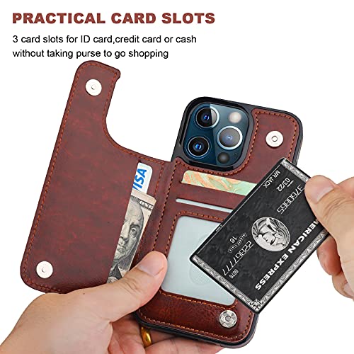 ONETOP Compatible with iPhone 13 Pro Wallet Case with Card Holder, PU Leather Kickstand Card Slots Case, Double Magnetic Clasp Durable Shockproof Cover 6.1 Inch(Brown)