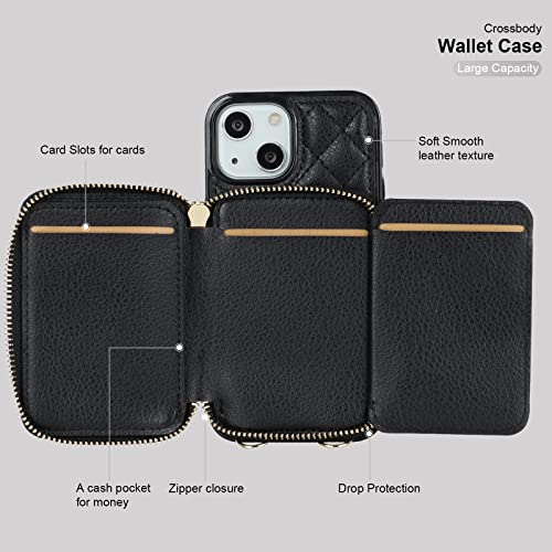Bocasal Crossbody Wallet Case for iPhone 13 Mini, RFID Blocking PU Leather Zipper Handbag Purse Flip Cover, Kickstand Folio Case with Card Slots Holder Wrist Strap Lanyard 5G 5.4 Inch (Black)